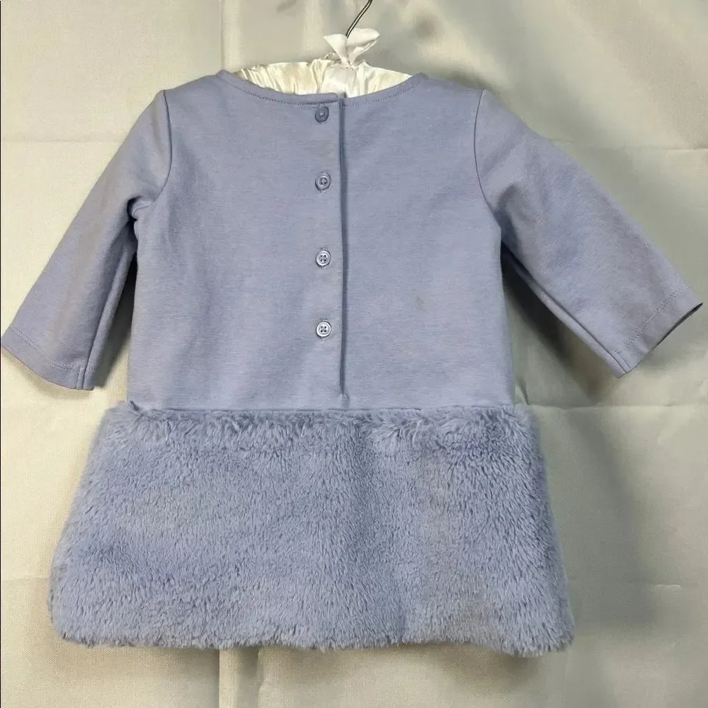 Janie and Jack blue long sleeve knit shift dress with faux fur skirt size 12-18m